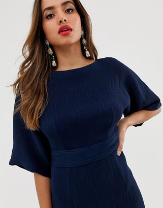 Closet London ribbed pencil dress with tie belt in navy - ShopStyle
